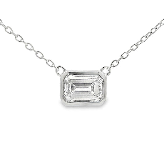 Bezel 1ct Emerald Cut Lab Grown Diamond Solitaire Necklace Sterling Silver - Gems by Gigi