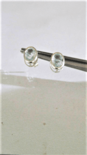 Bezel Set Oval Aquamarine Stud Earrings Sterling Silver - Gems by Gigi