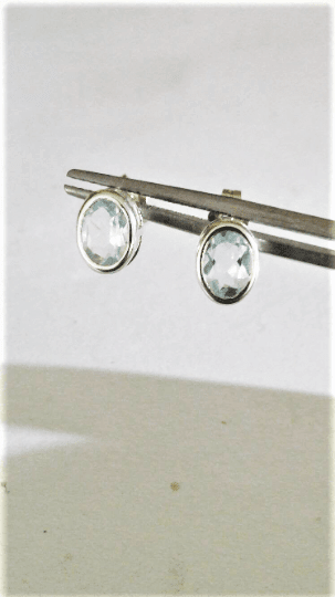 Bezel Set Oval Aquamarine Stud Earrings Sterling Silver - Gems by Gigi