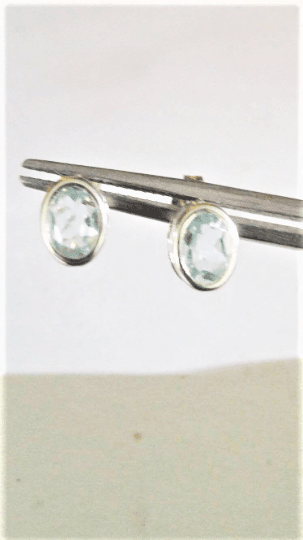 Bezel Set Oval Aquamarine Stud Earrings Sterling Silver - Gems by Gigi