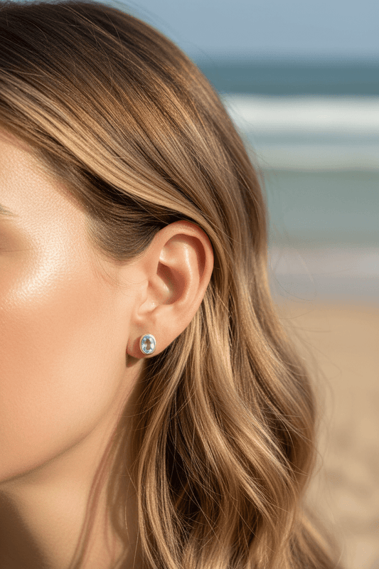 Bezel Set Oval Aquamarine Stud Earrings Sterling Silver - Gems by Gigi