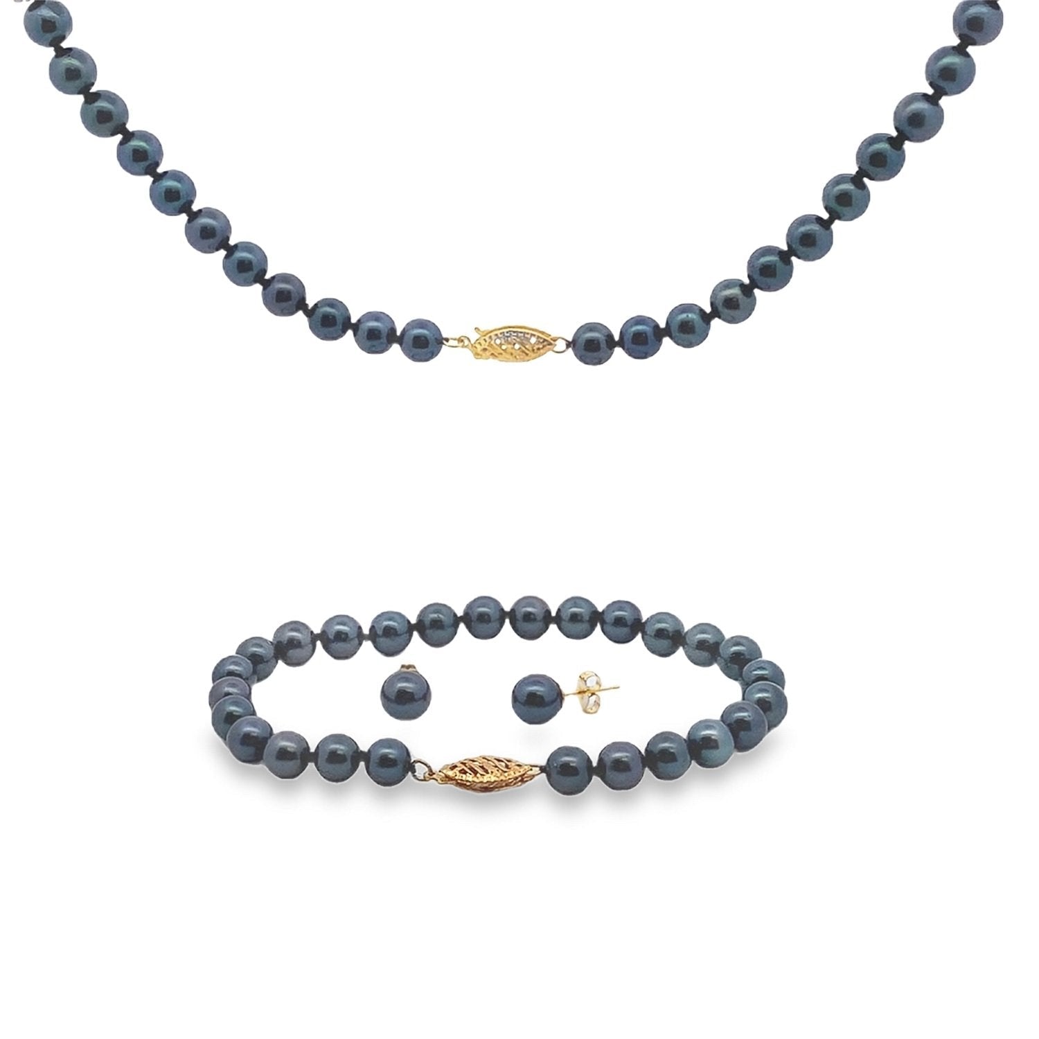 Black Akoya Pearl Jewelry Set Yellow Gold 14kt - Gems by Gigi