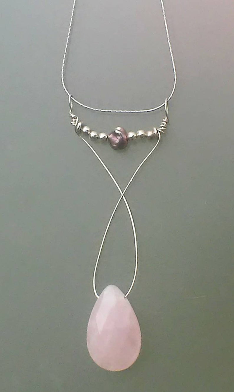 Black Keishi Pearl Rose Quartz Pendant Sterling Silver - Gems by Gigi