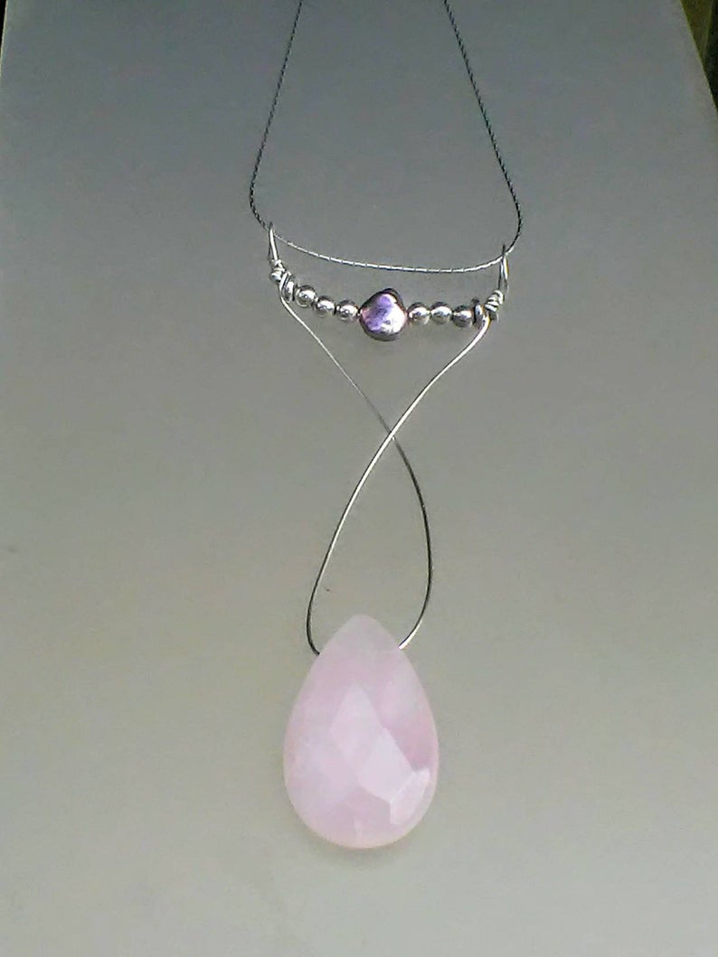 Black Keishi Pearl Rose Quartz Pendant Sterling Silver - Gems by Gigi