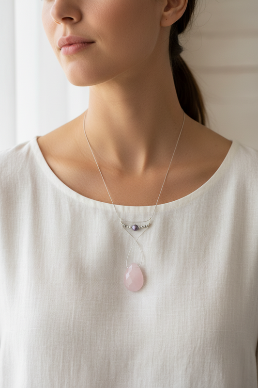 Black Keishi Pearl Rose Quartz Pendant Sterling Silver