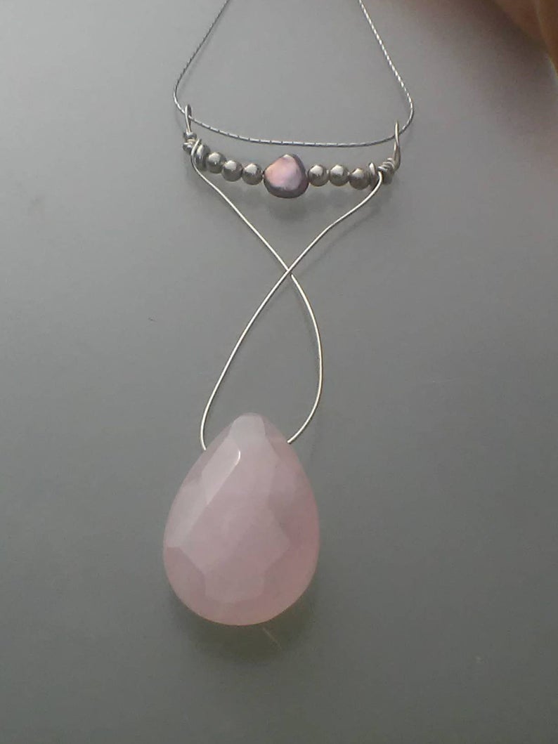 Black Keishi Pearl Rose Quartz Pendant Sterling Silver - Gems by Gigi