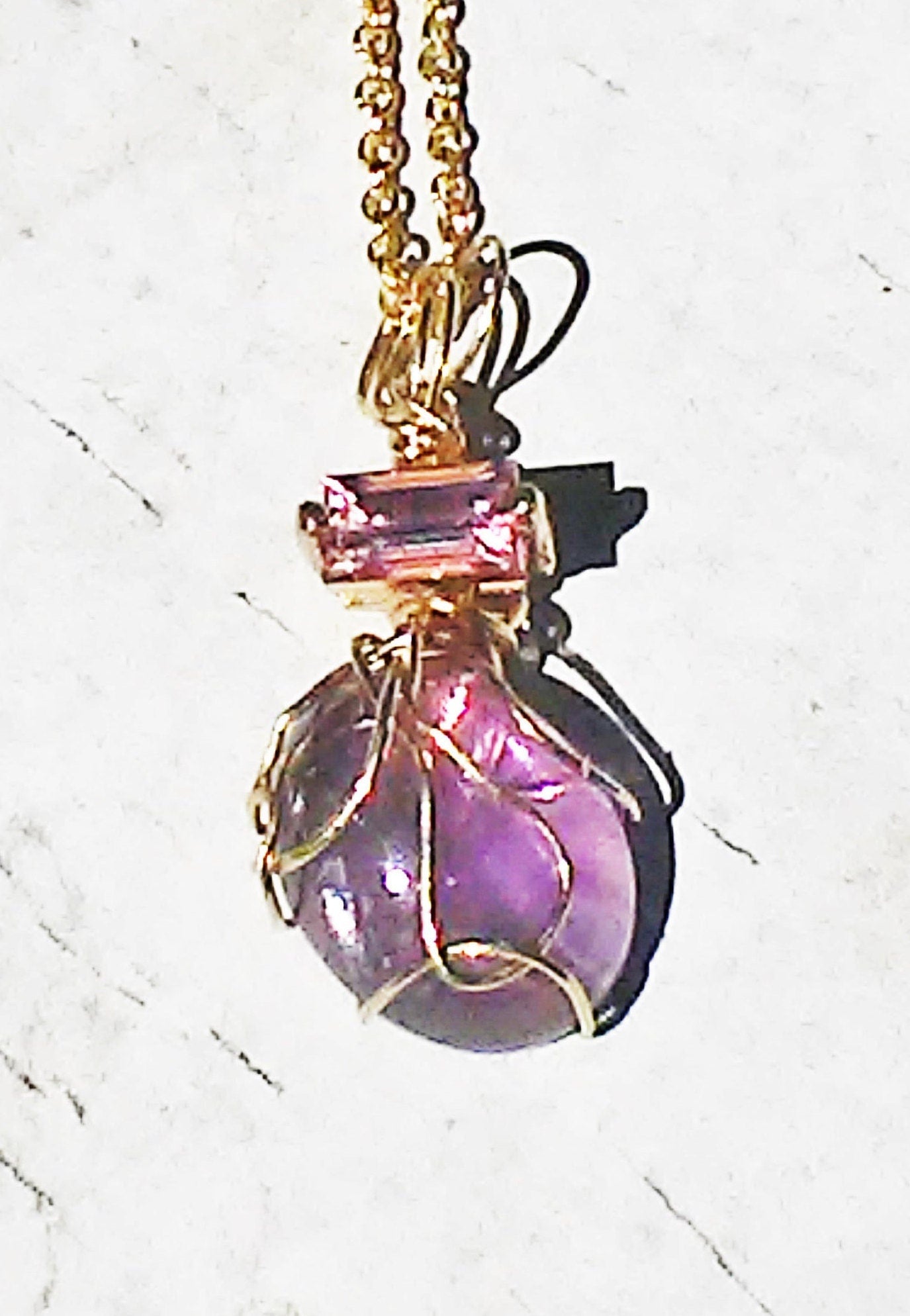 Cabochon Amethyst Baguette Pink Sapphire Pendant 14kt Yellow Gold - Gems by Gigi