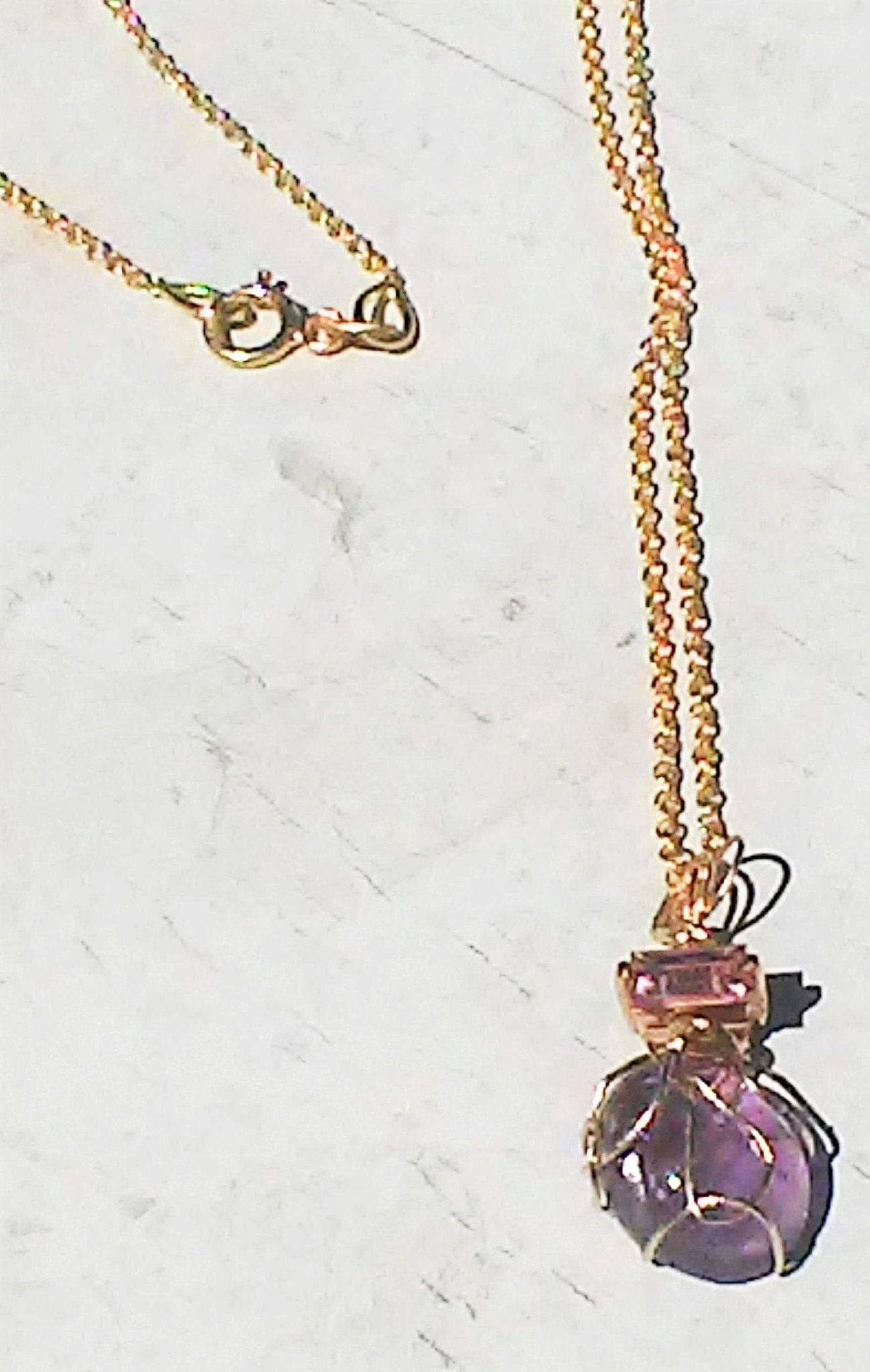 Cabochon Amethyst Baguette Pink Sapphire Pendant 14kt Yellow Gold - Gems by Gigi