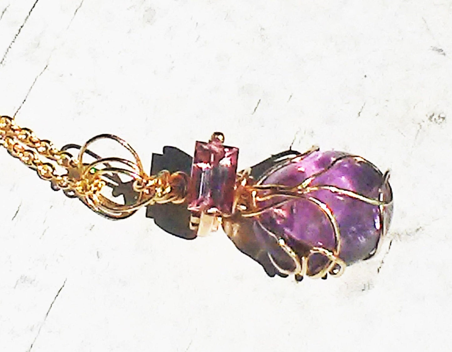 Cabochon Amethyst Baguette Pink Sapphire Pendant 14kt Yellow Gold - Gems by Gigi