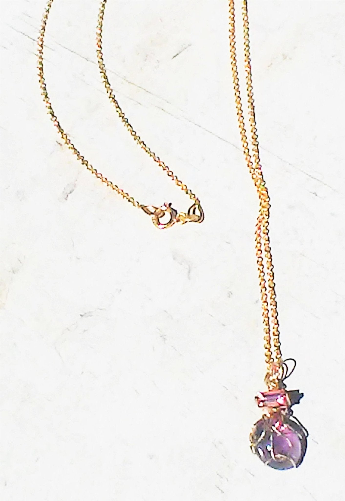 Cabochon Amethyst Baguette Pink Sapphire Pendant 14kt Yellow Gold - Gems by Gigi