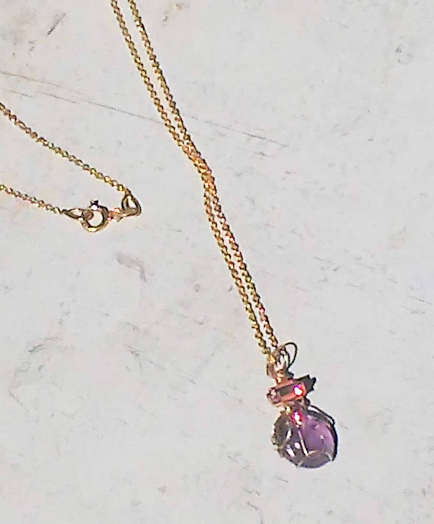 Cabochon Amethyst Baguette Pink Sapphire Pendant 14kt Yellow Gold - Gems by Gigi