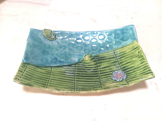 Handmade Ceramic Curved Dual Tray Flower Leaf Detail Green Blue