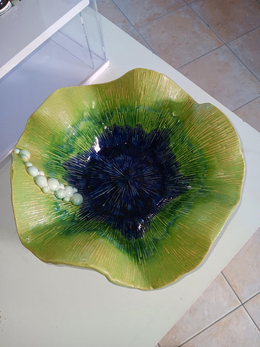 Ceramic Bowl Handmade Textured with Flutter Edge and Bubbles Green Blue - Gems by Gigi