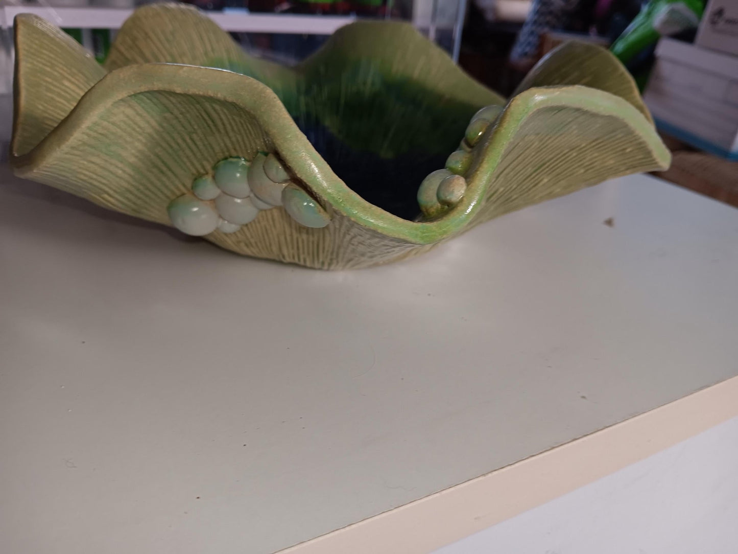 Ceramic Bowl Handmade Textured with Flutter Edge and Bubbles Green Blue - Gems by Gigi
