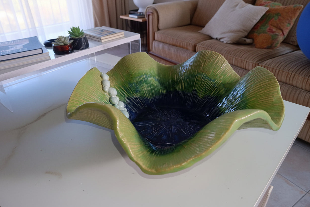 Ceramic Bowl Handmade Textured with Flutter Edge and Bubbles Green Blue - Gems by Gigi