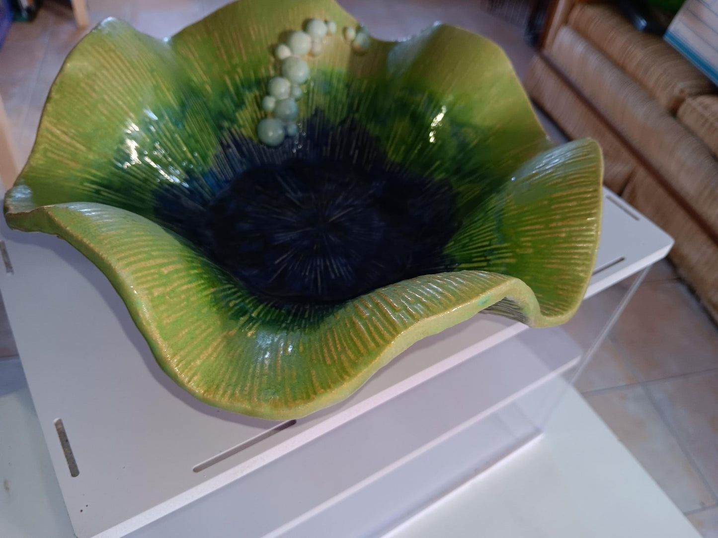 Ceramic Bowl Handmade Textured with Flutter Edge and Bubbles Green Blue - Gems by Gigi
