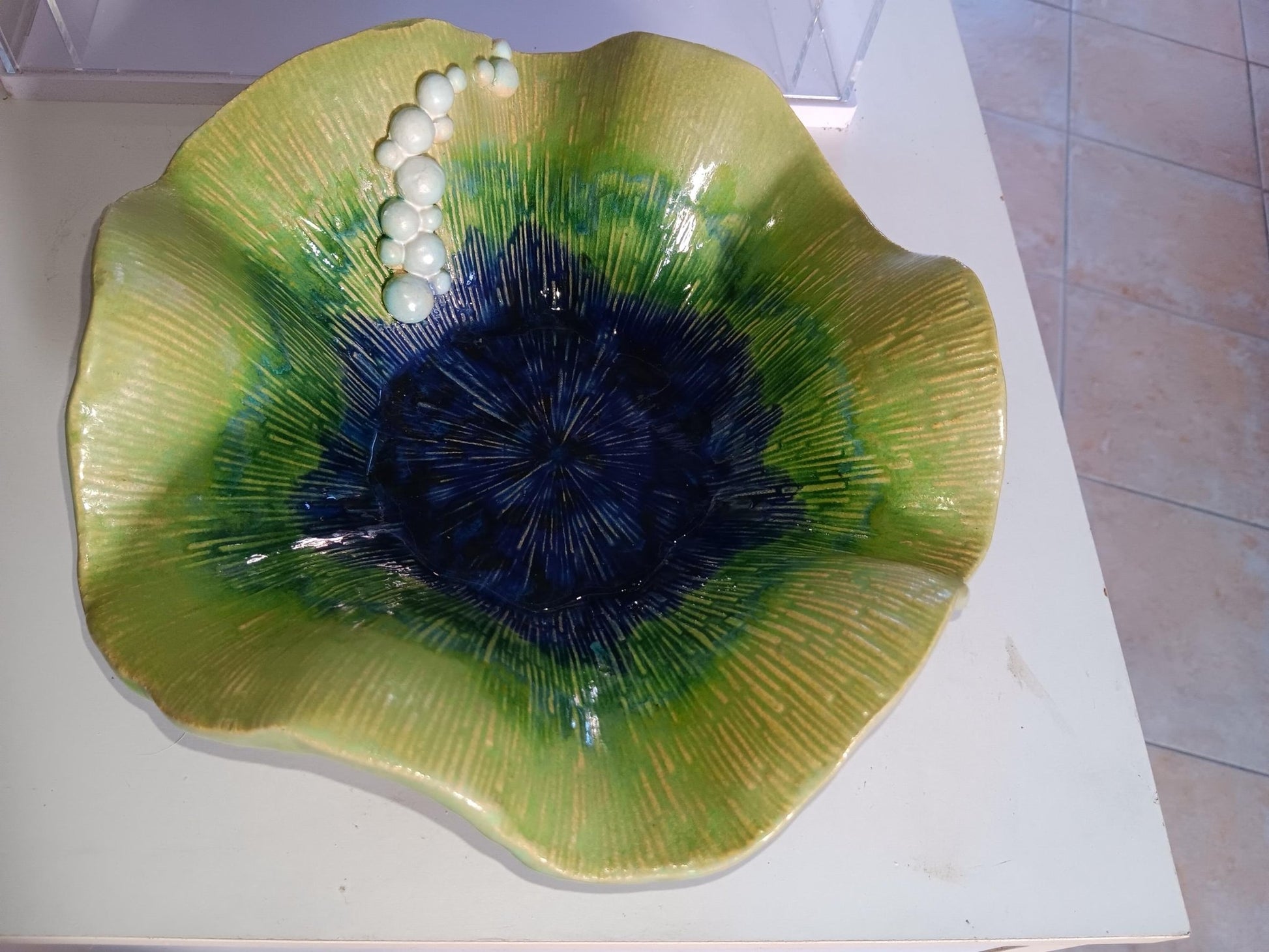 Ceramic Bowl Handmade Textured with Flutter Edge and Bubbles Green Blue - Gems by Gigi