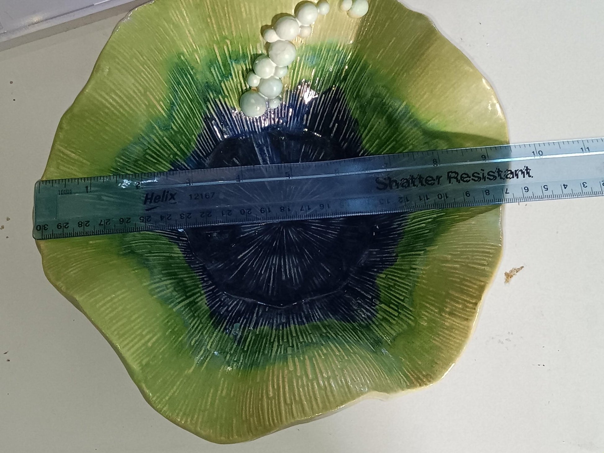 Ceramic Bowl Handmade Textured with Flutter Edge and Bubbles Green Blue - Gems by Gigi