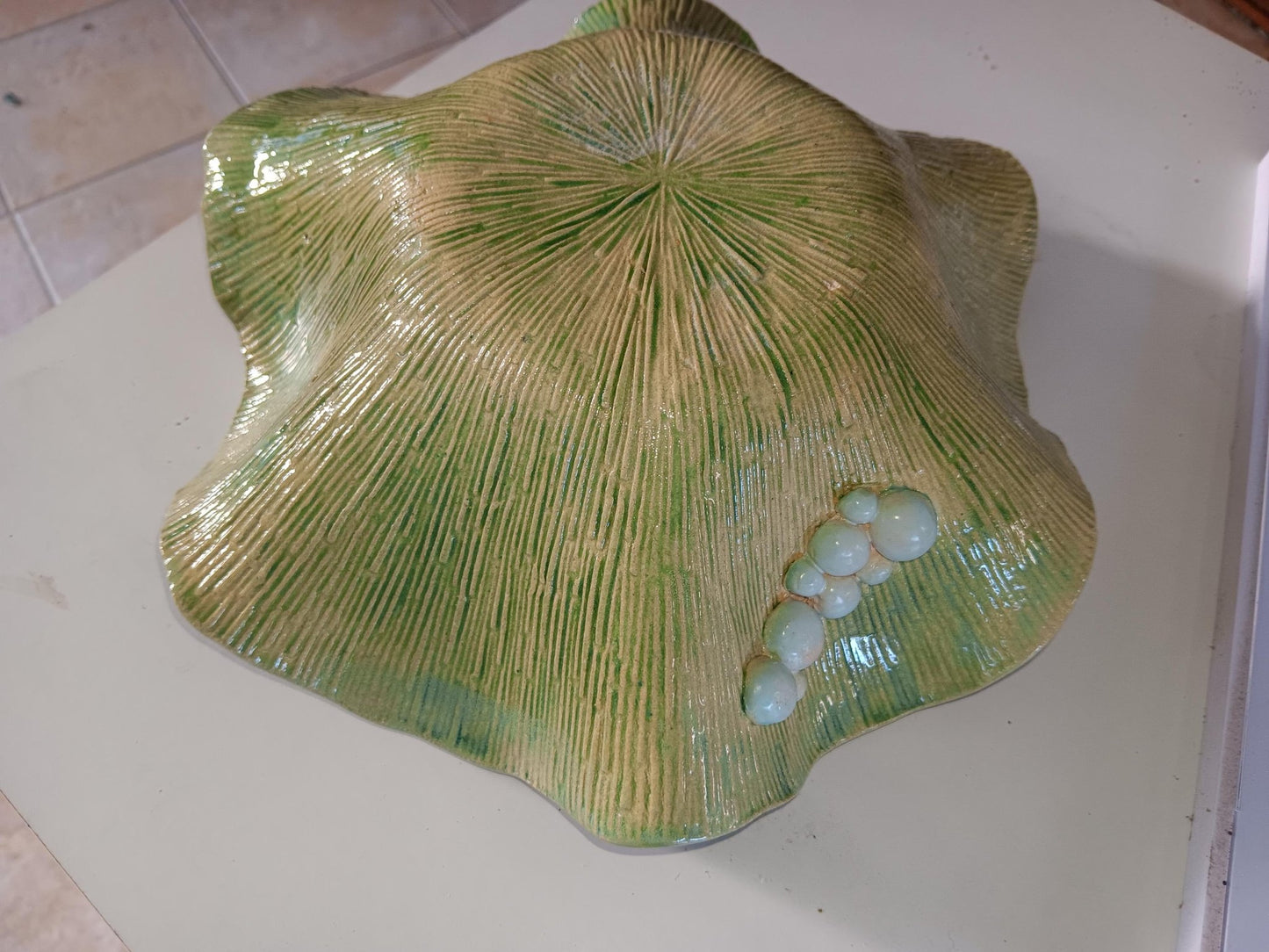 Ceramic Bowl Handmade Textured with Flutter Edge and Bubbles Green Blue - Gems by Gigi