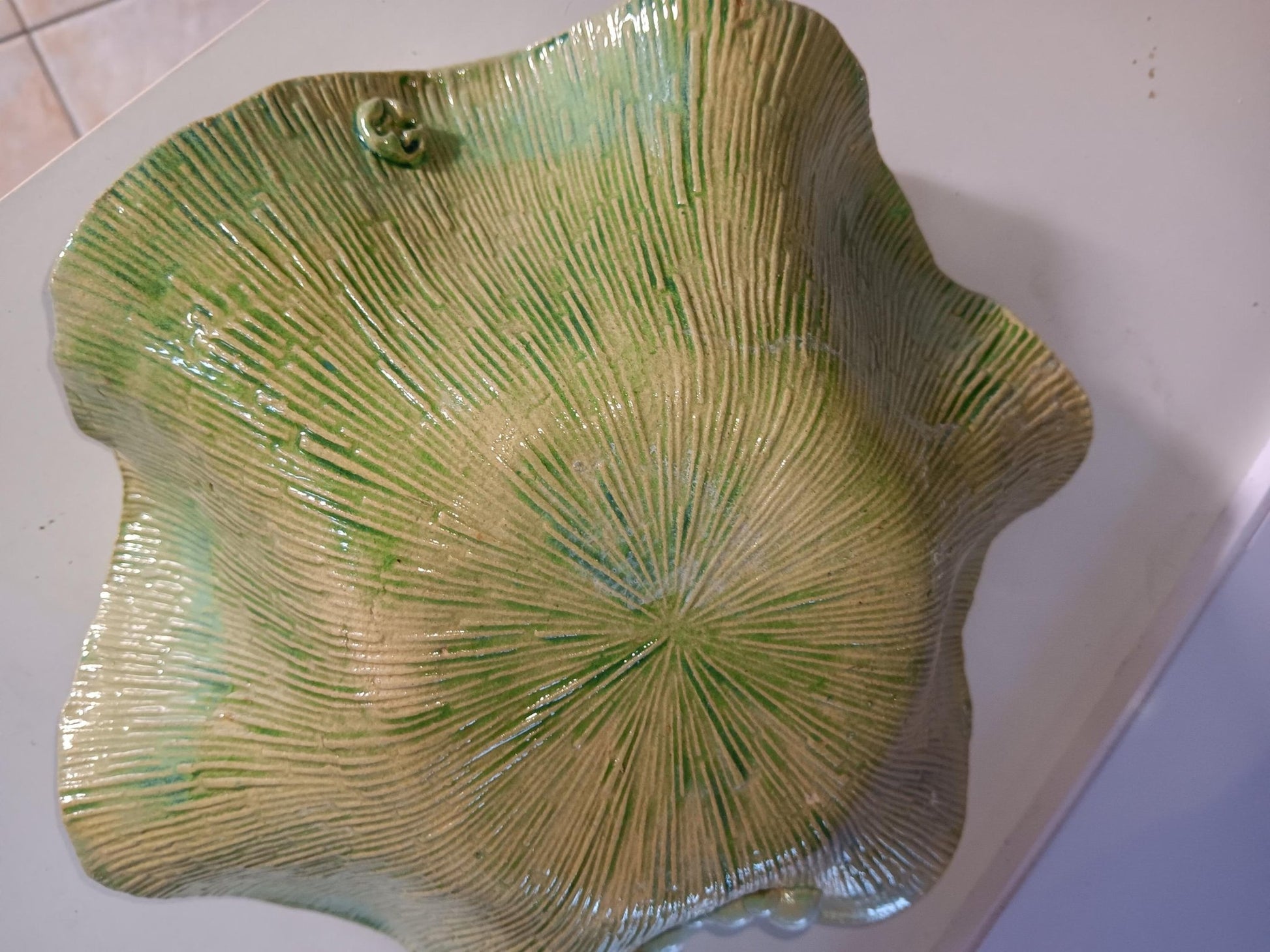 Ceramic Bowl Handmade Textured with Flutter Edge and Bubbles Green Blue - Gems by Gigi