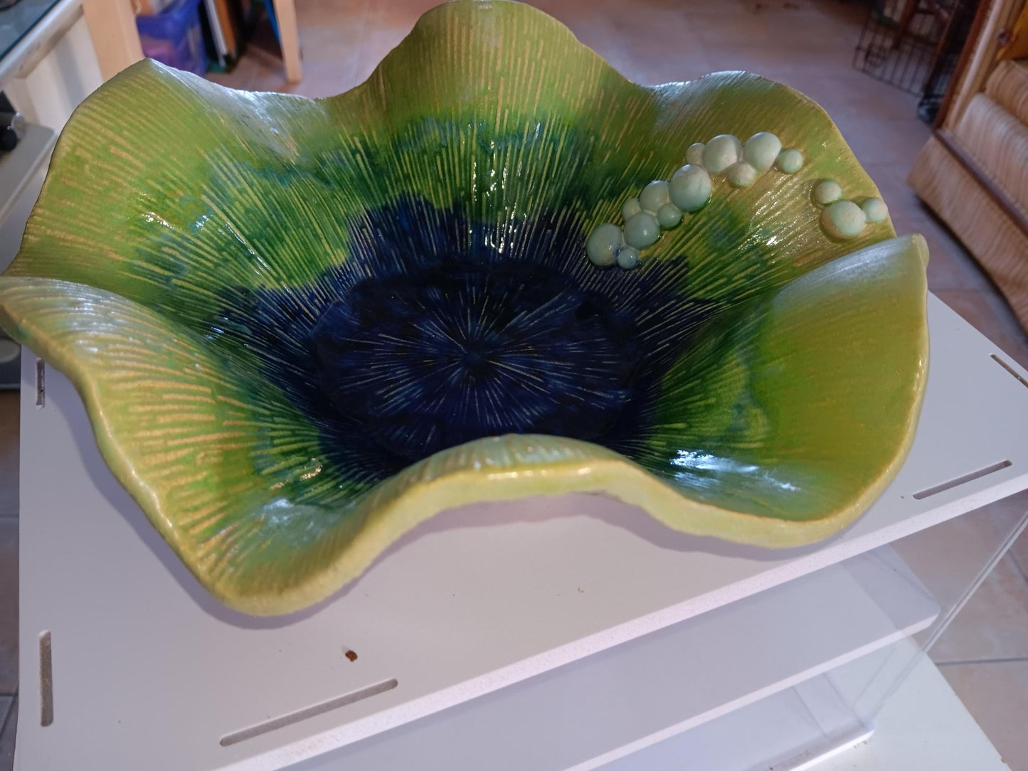 Ceramic Bowl Handmade Textured with Flutter Edge and Bubbles Green Blue - Gems by Gigi
