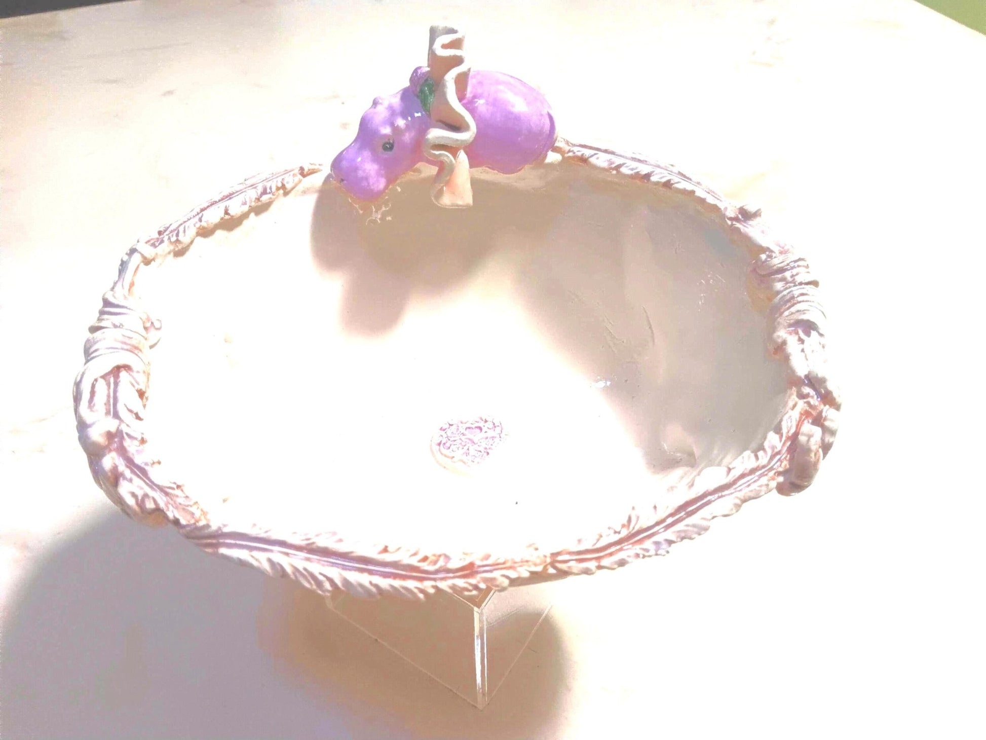 Ceramic Bowl Scalloped edges Purple Hippo Tutu Lace Detail Handmade Fun Décor - Gems by Gigi
