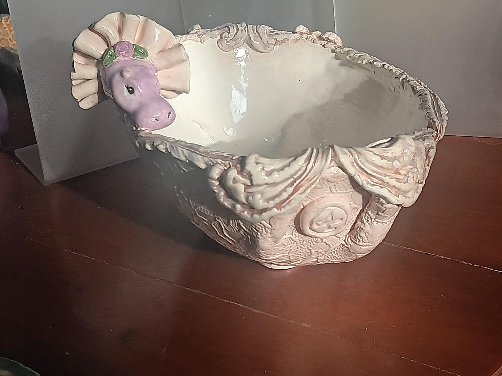 Ceramic Bowl Scalloped edges Purple Hippo Tutu Lace Detail Handmade Fun Décor - Gems by Gigi
