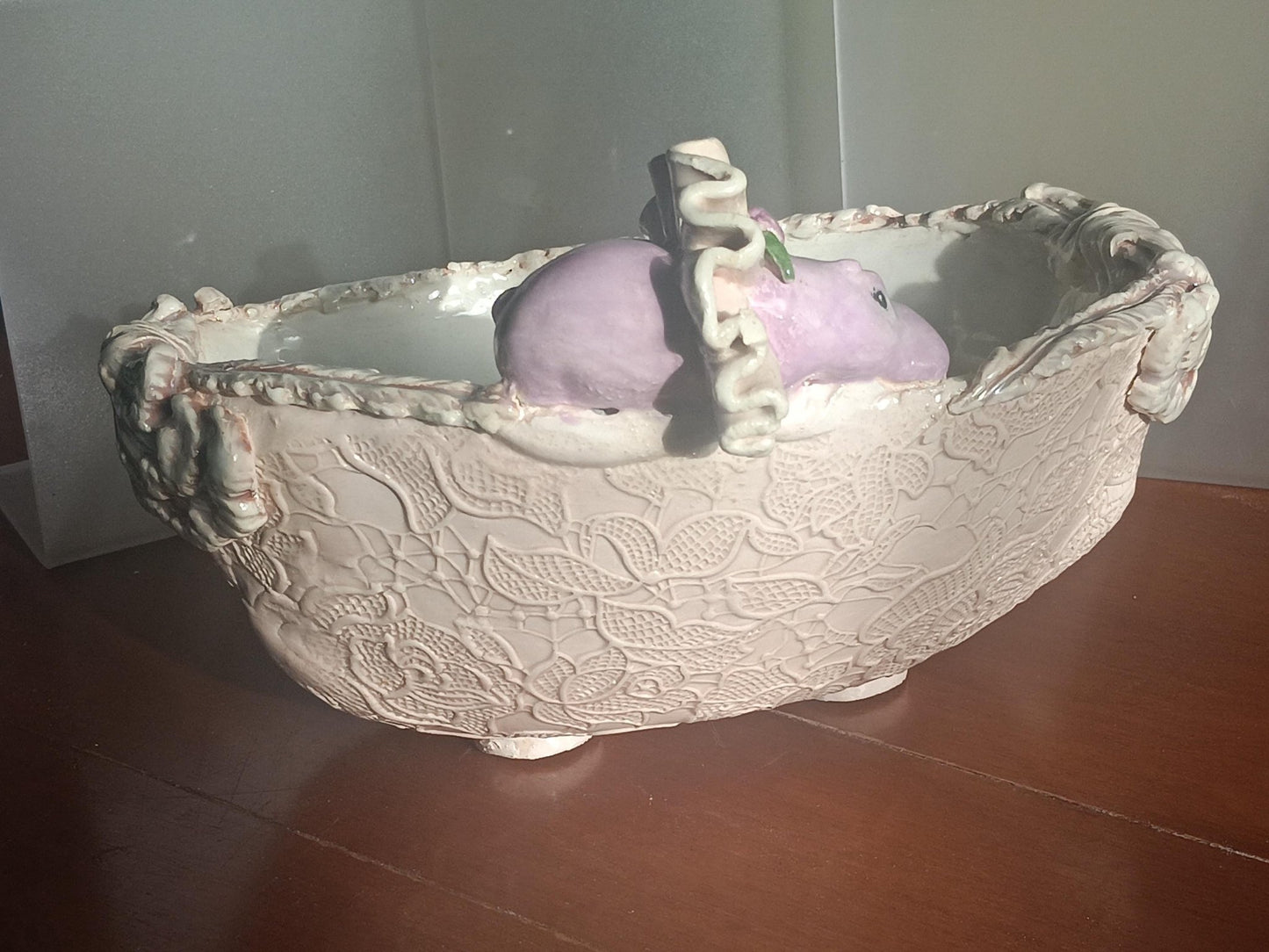 Ceramic Bowl Scalloped edges Purple Hippo Tutu Lace Detail Handmade Fun Décor - Gems by Gigi