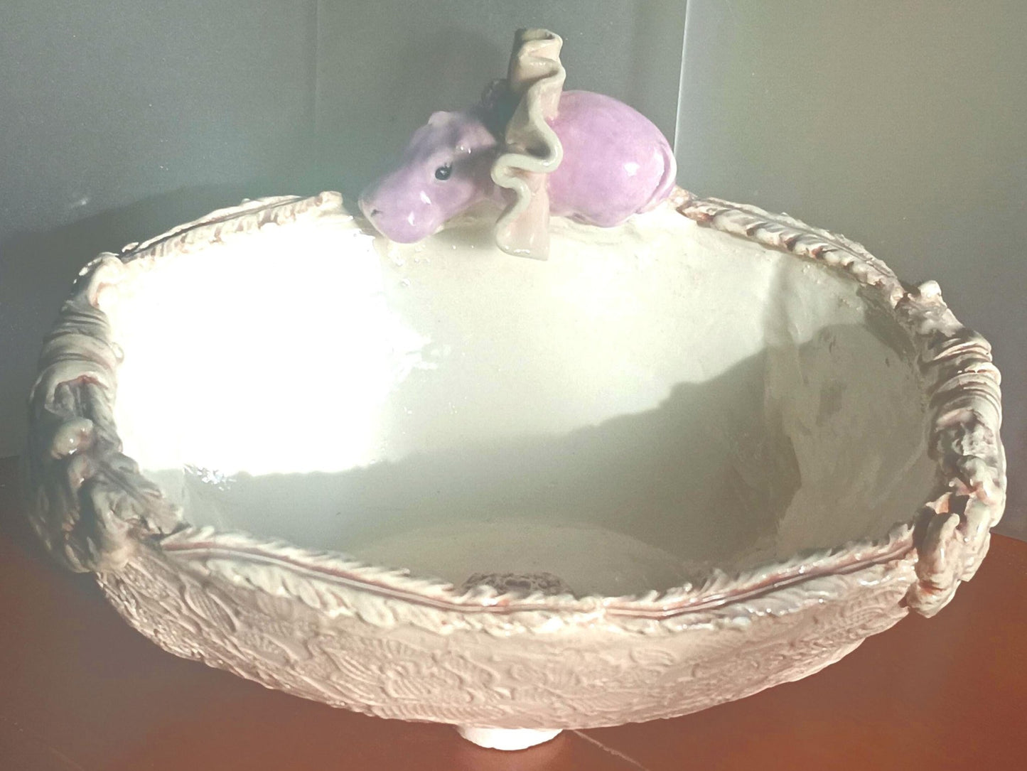 Ceramic Bowl Scalloped edges Purple Hippo Tutu Lace Detail Handmade Fun Décor - Gems by Gigi