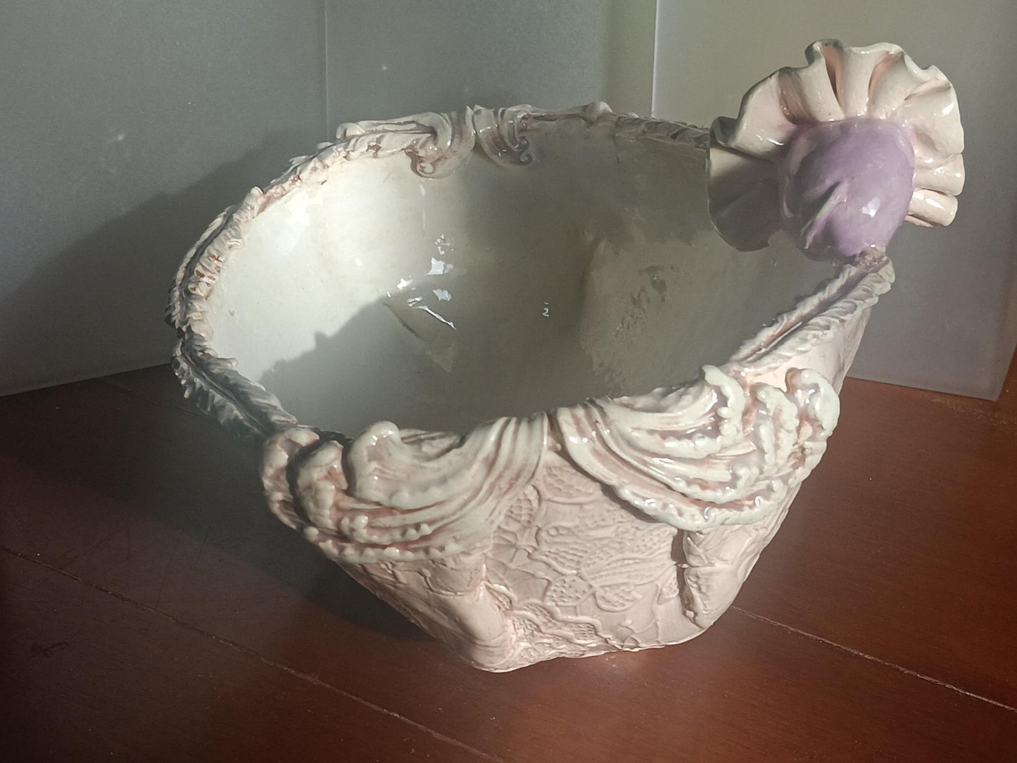 Ceramic Bowl Scalloped edges Purple Hippo Tutu Lace Detail Handmade Fun Décor - Gems by Gigi