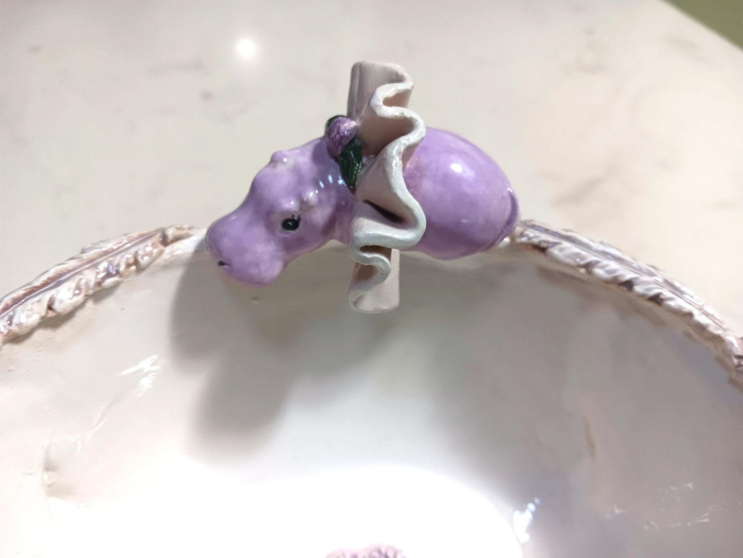 Ceramic Bowl Scalloped edges Purple Hippo Tutu Lace Detail Handmade Fun Décor - Gems by Gigi