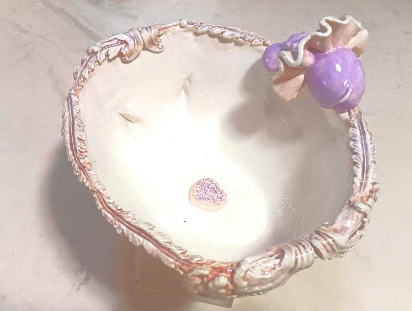 Ceramic Bowl Scalloped edges Purple Hippo Tutu Lace Detail Handmade Fun Décor - Gems by Gigi