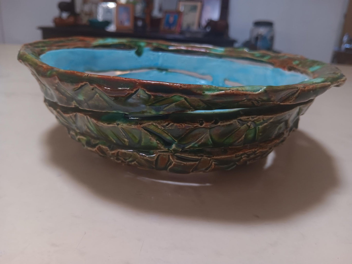 Ceramic Open Spiral Turquoise Green Bowl Geometric Pattern - Gems by Gigi