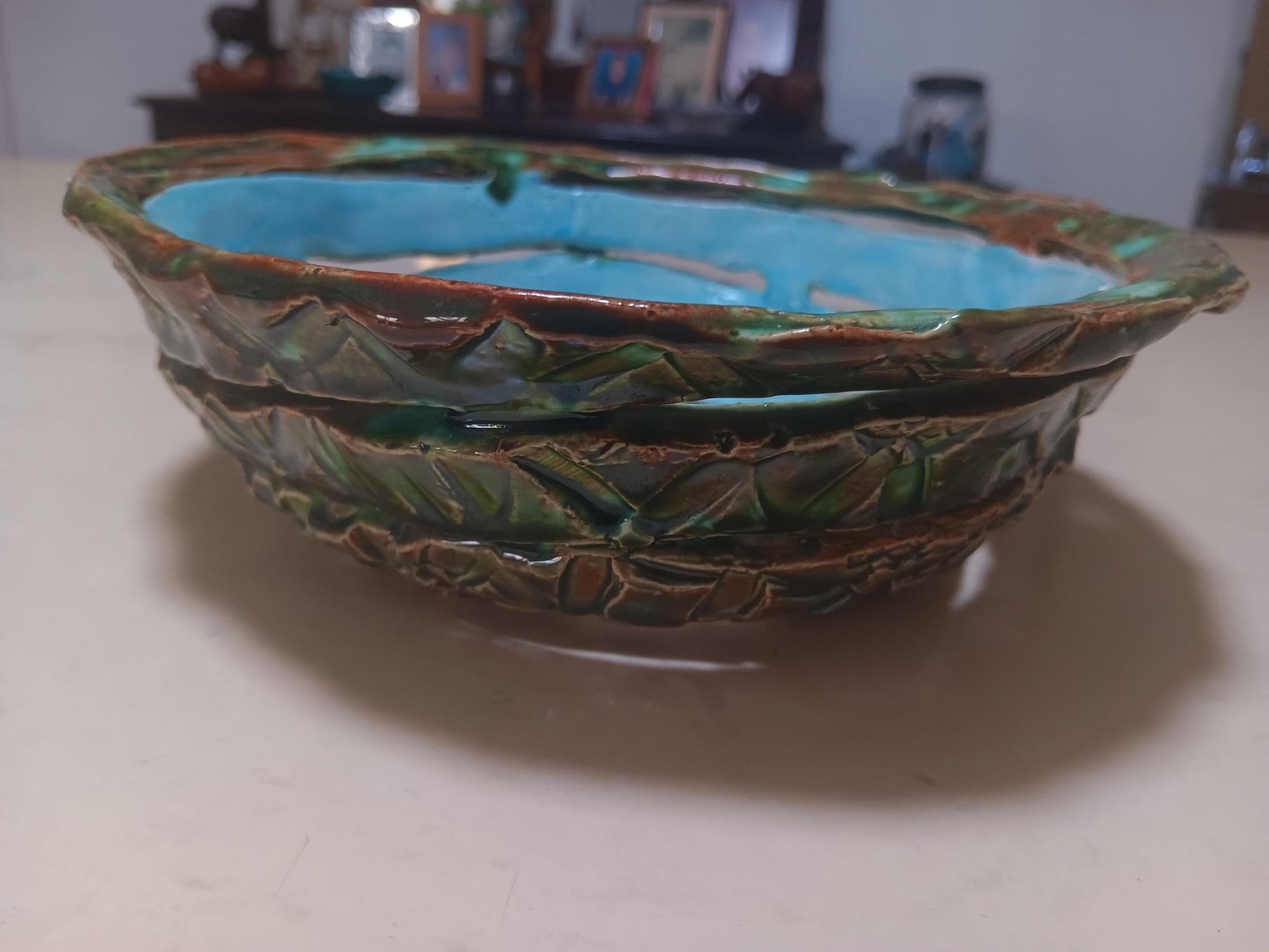 Ceramic Open Spiral Turquoise Green Bowl Geometric Pattern - Gems by Gigi