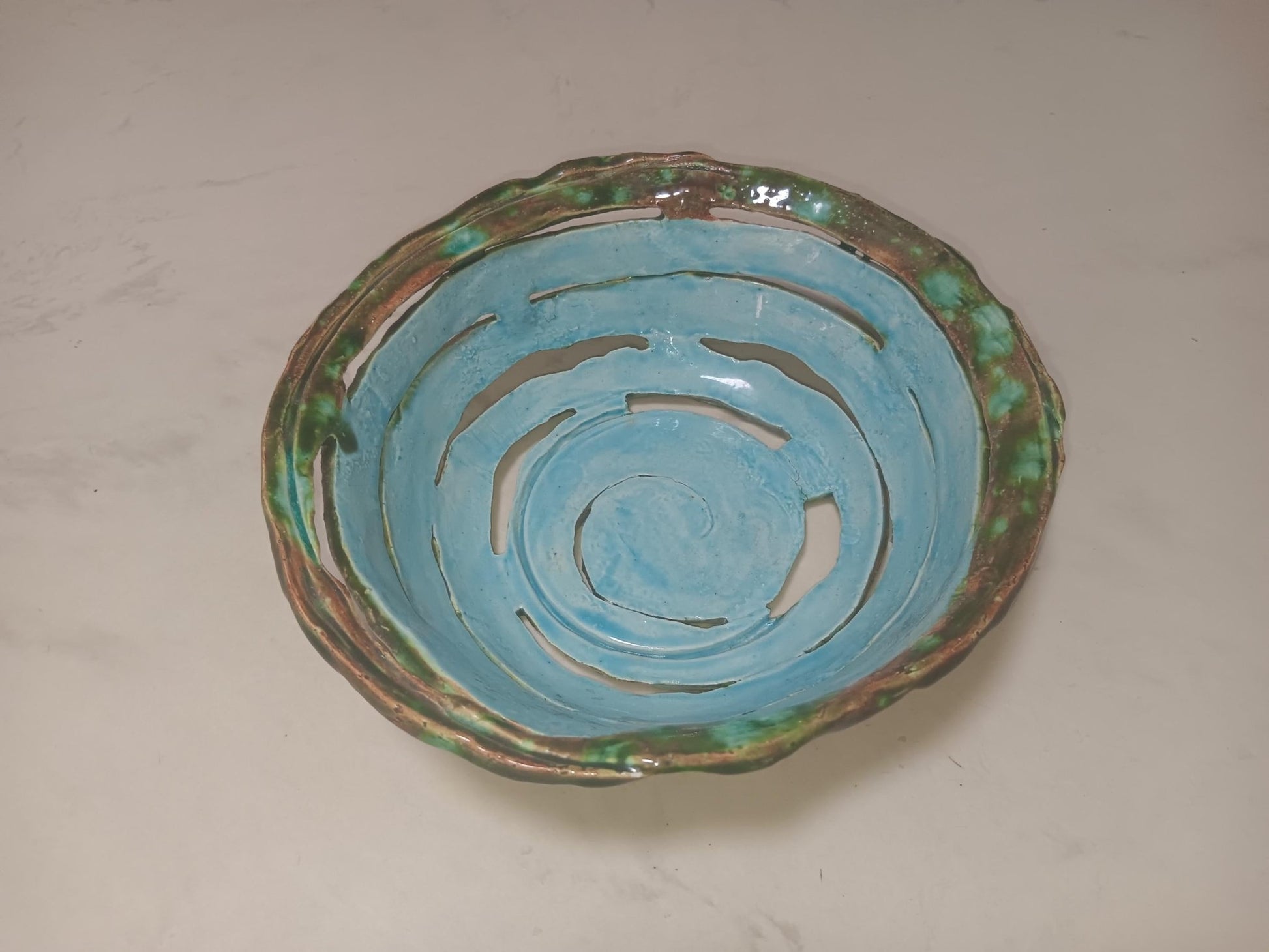 Ceramic Open Spiral Turquoise Green Bowl Geometric Pattern - Gems by Gigi