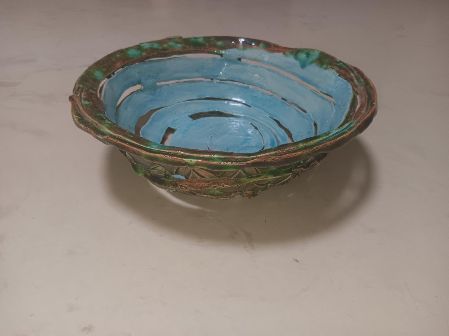 Ceramic Open Spiral Turquoise Green Bowl Geometric Pattern - Gems by Gigi
