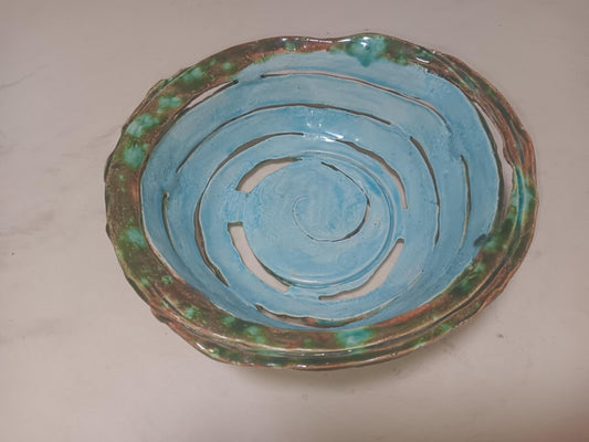 Ceramic Open Spiral Turquoise Green Bowl Geometric Pattern - Gems by Gigi