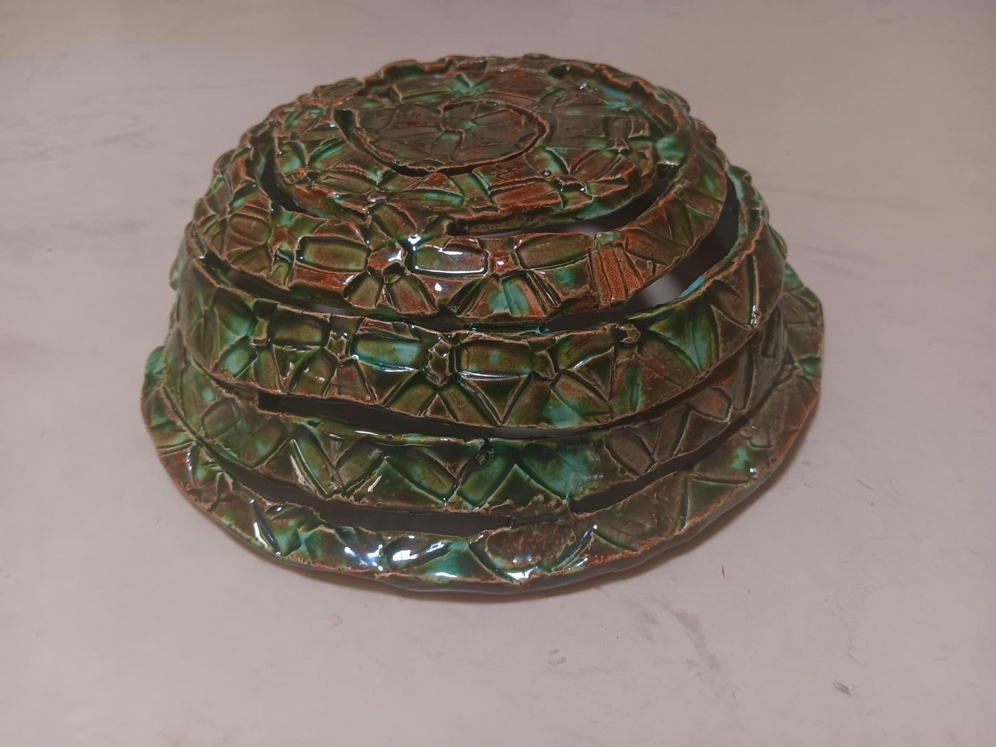 Ceramic Open Spiral Turquoise Green Bowl Geometric Pattern - Gems by Gigi
