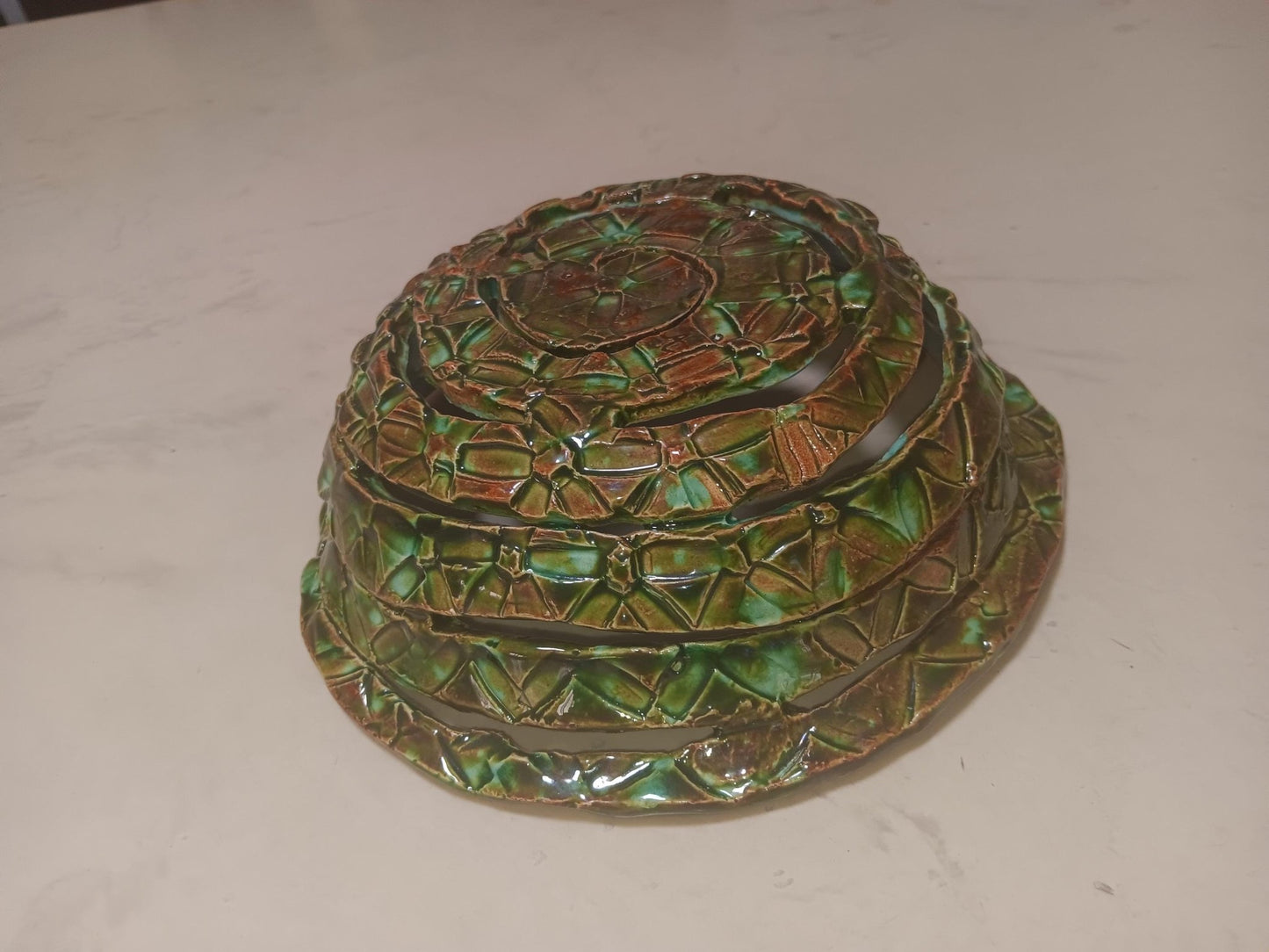 Ceramic Open Spiral Turquoise Green Bowl Geometric Pattern - Gems by Gigi