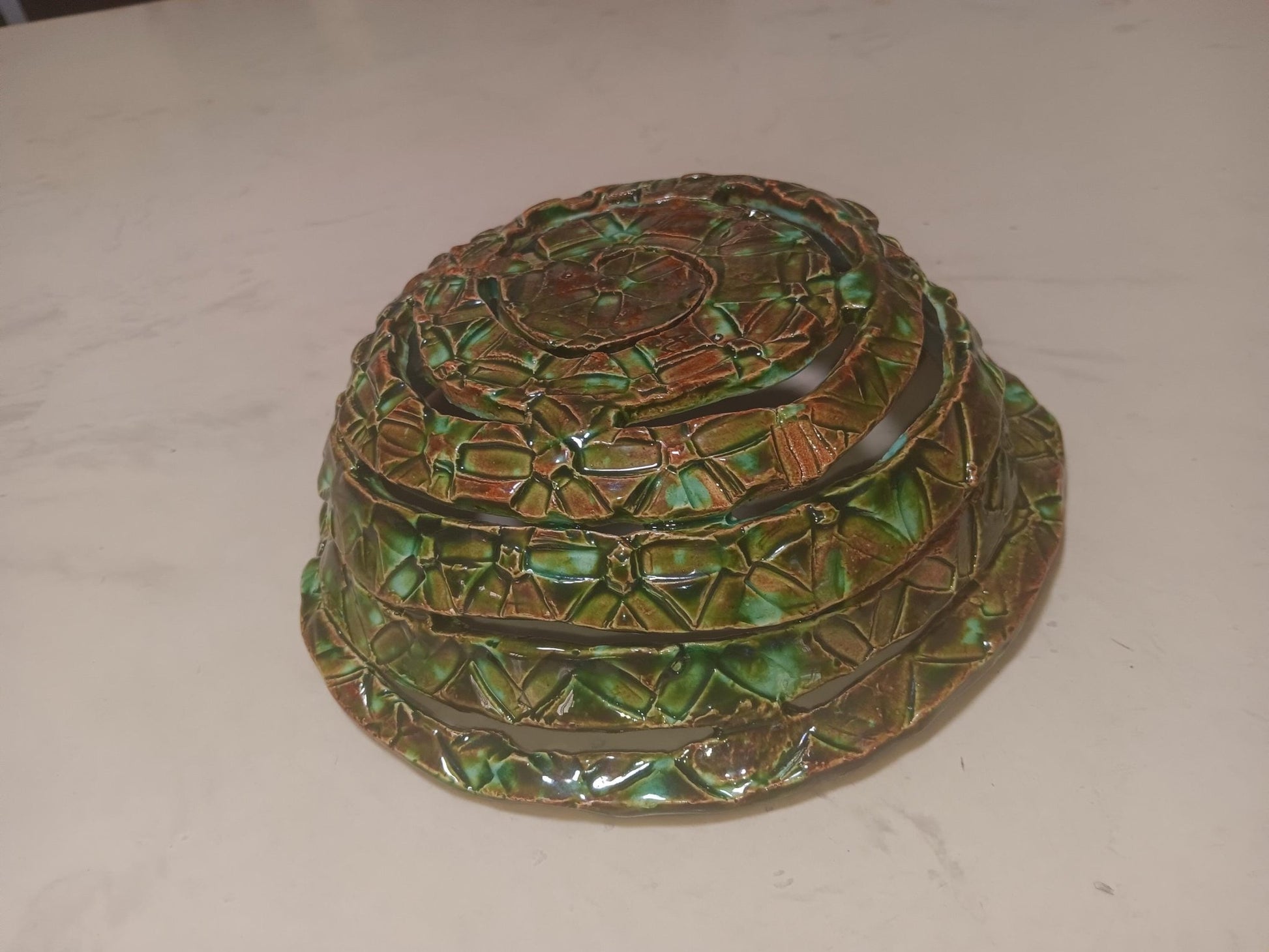 Ceramic Open Spiral Turquoise Green Bowl Geometric Pattern - Gems by Gigi