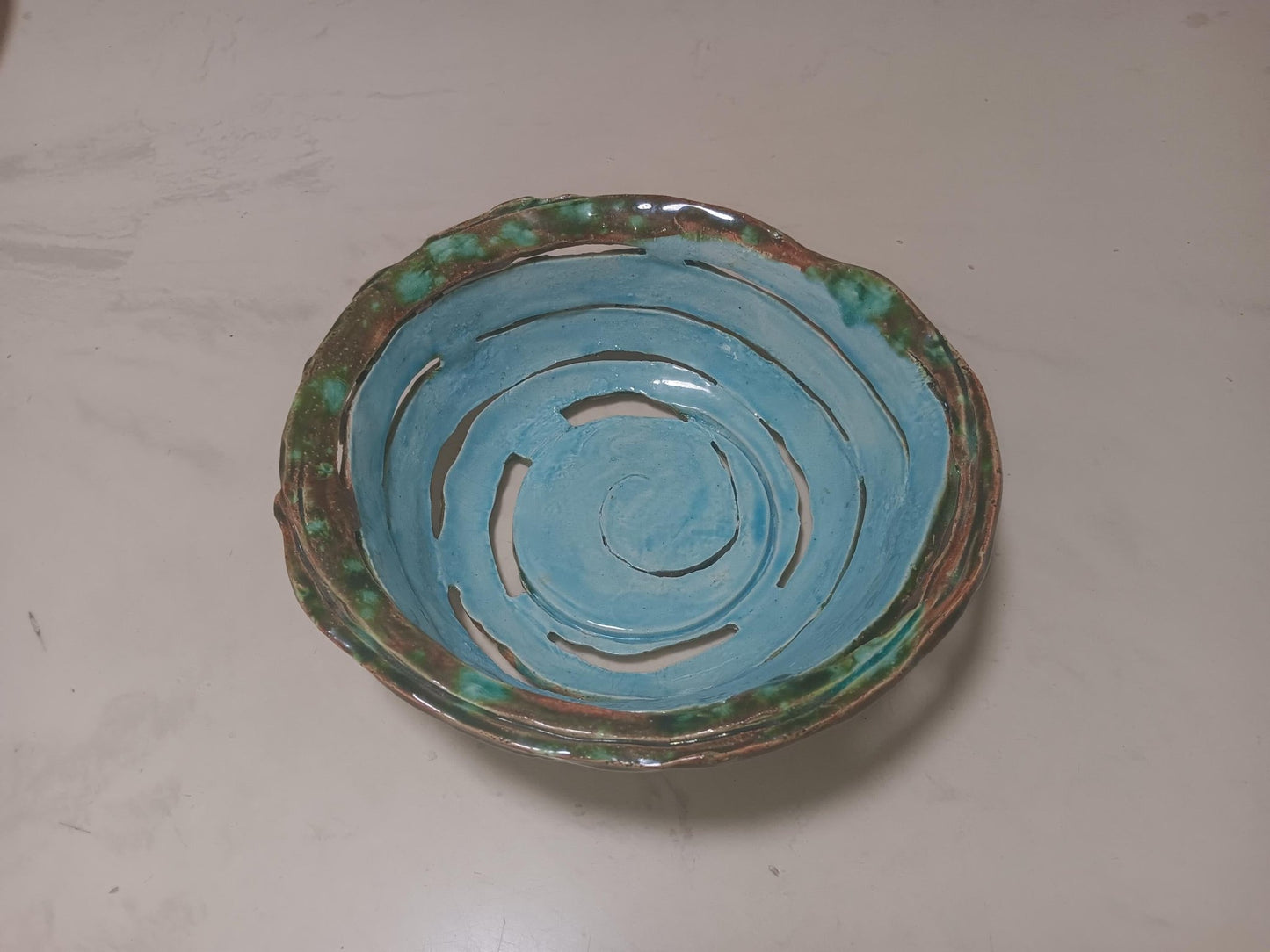 Ceramic Open Spiral Turquoise Green Bowl Geometric Pattern - Gems by Gigi