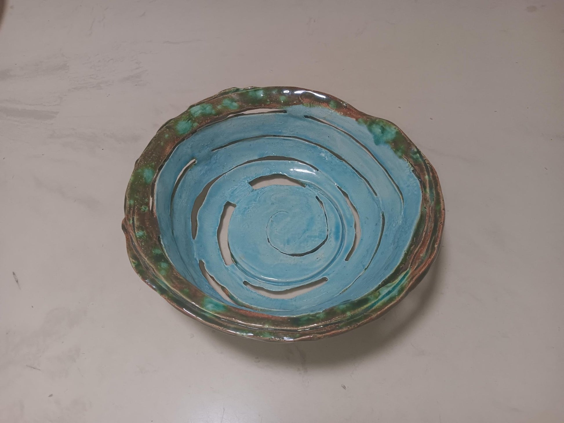 Ceramic Open Spiral Turquoise Green Bowl Geometric Pattern - Gems by Gigi