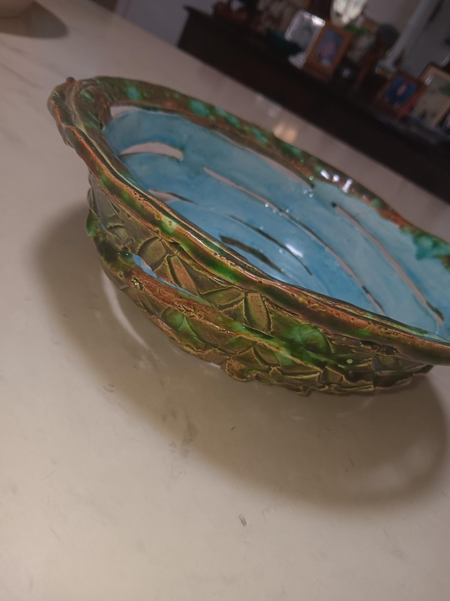 Ceramic Open Spiral Turquoise Green Bowl Geometric Pattern - Gems by Gigi