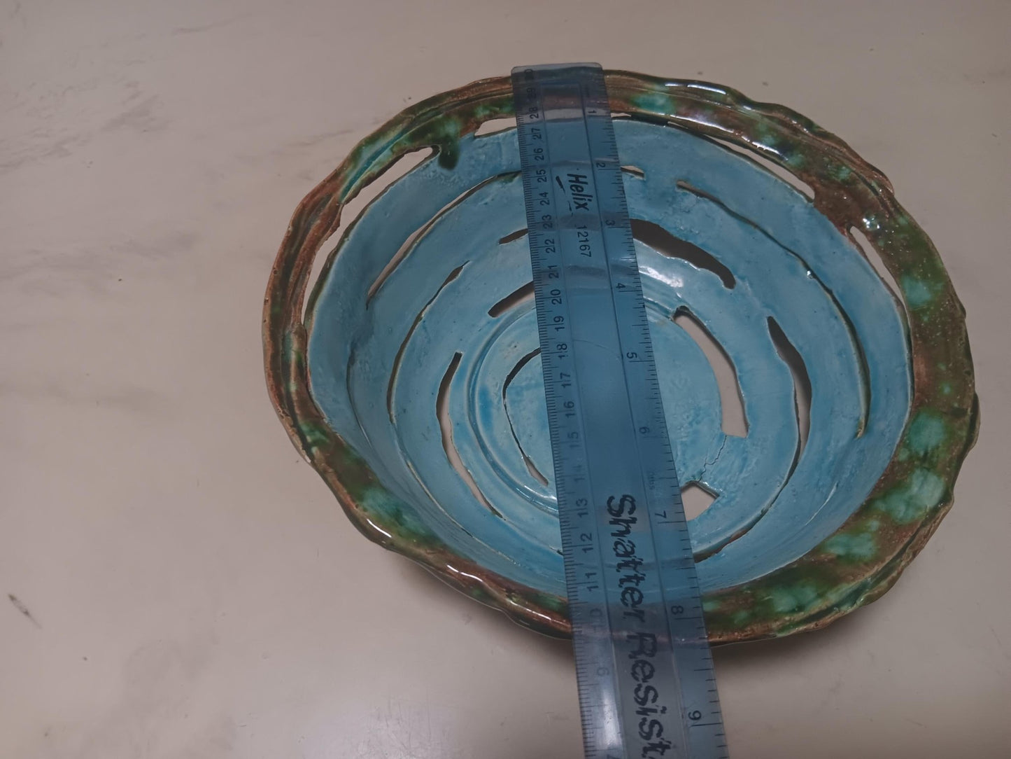 Ceramic Open Spiral Turquoise Green Bowl Geometric Pattern - Gems by Gigi