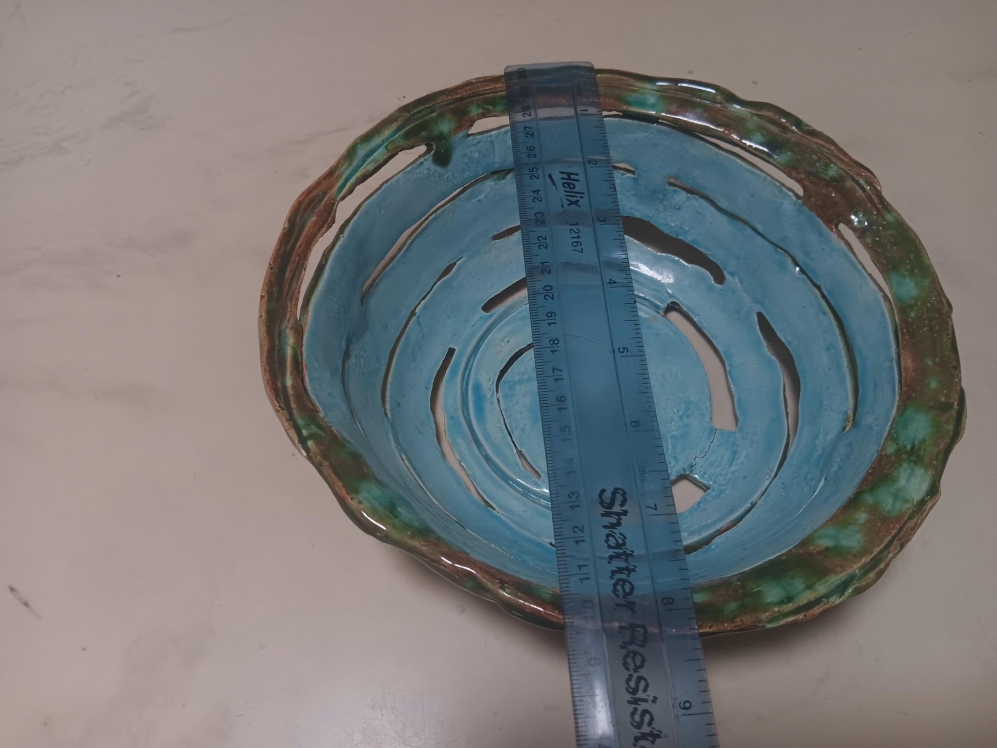 Ceramic Open Spiral Turquoise Green Bowl Geometric Pattern - Gems by Gigi