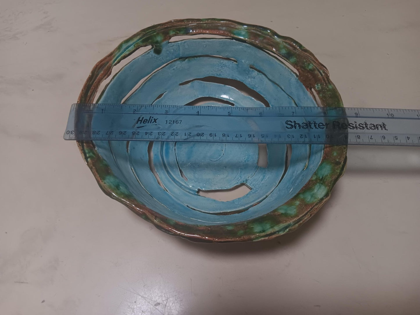 Ceramic Open Spiral Turquoise Green Bowl Geometric Pattern - Gems by Gigi