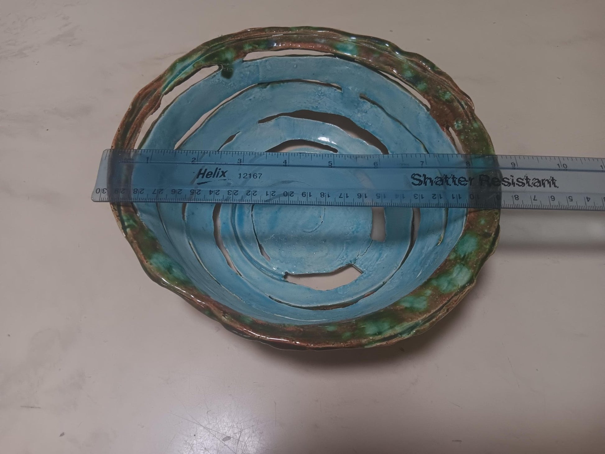 Ceramic Open Spiral Turquoise Green Bowl Geometric Pattern - Gems by Gigi