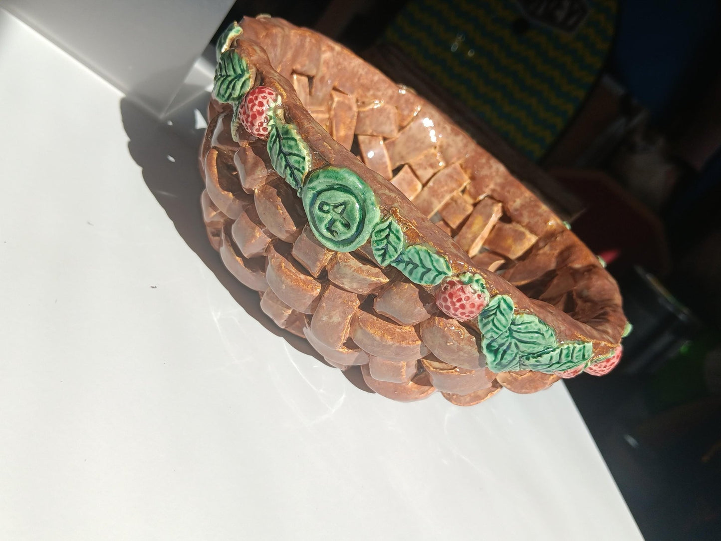 Ceramic Open Woven Basket Strawberries & Leaves - Gems by Gigi