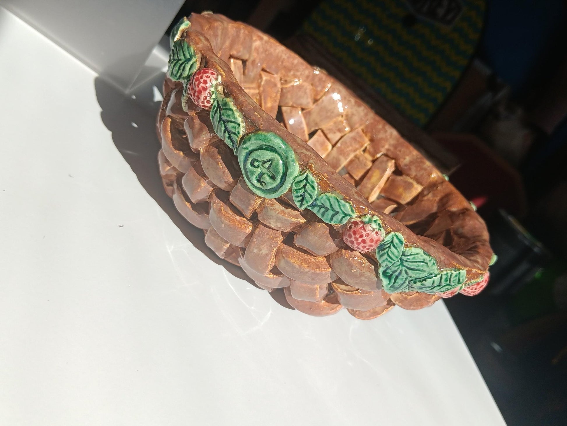 Ceramic Open Woven Basket Strawberries & Leaves - Gems by Gigi