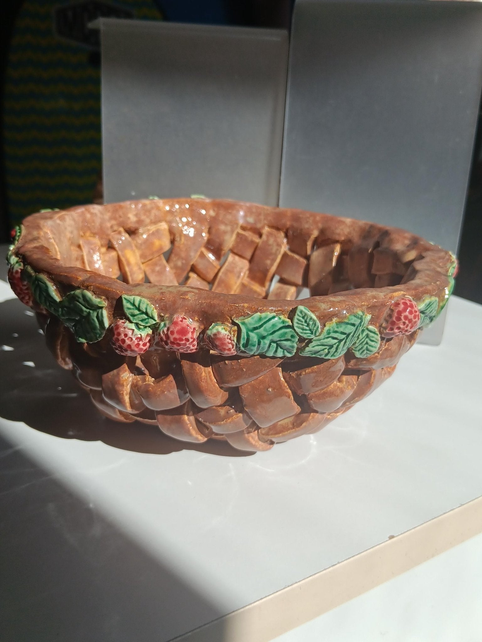 Ceramic Open Woven Basket Strawberries & Leaves - Gems by Gigi